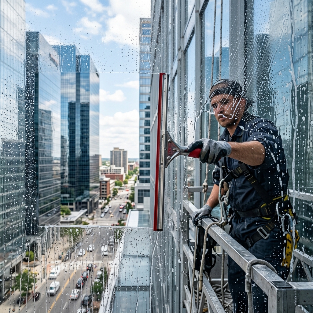 Glass facade cleaning close-up